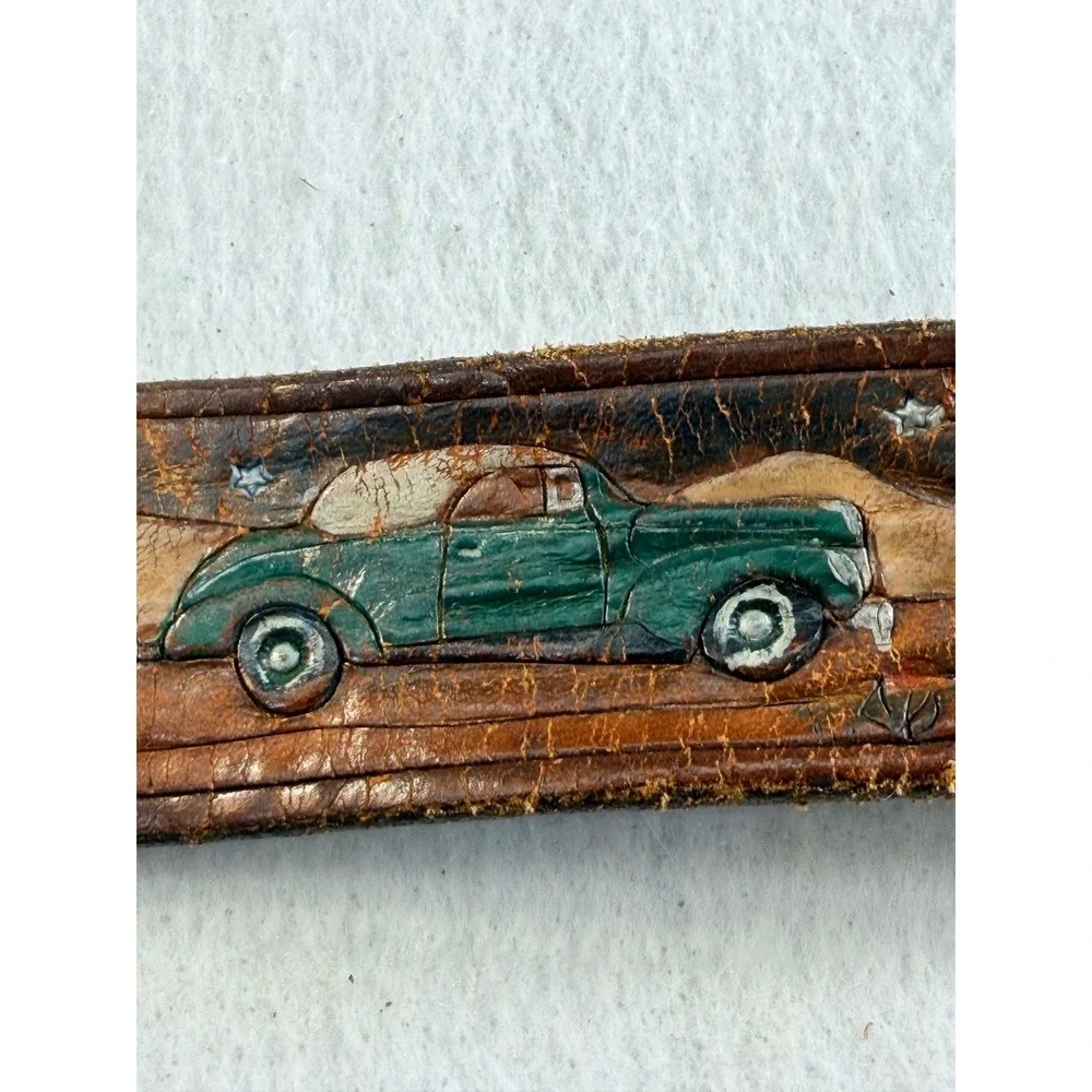 Vintage Hand Tooled Leather Belt Classic Cars Painted Personalize BOB Brown 1990